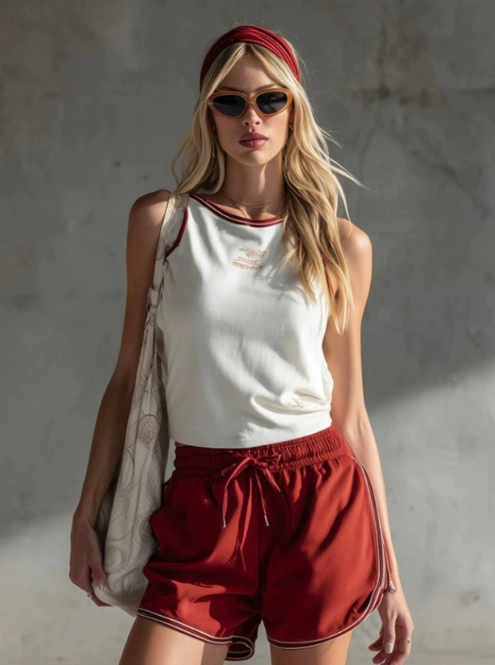 Retro Sports Style White Tank Top and Red Cotton Shorts Set